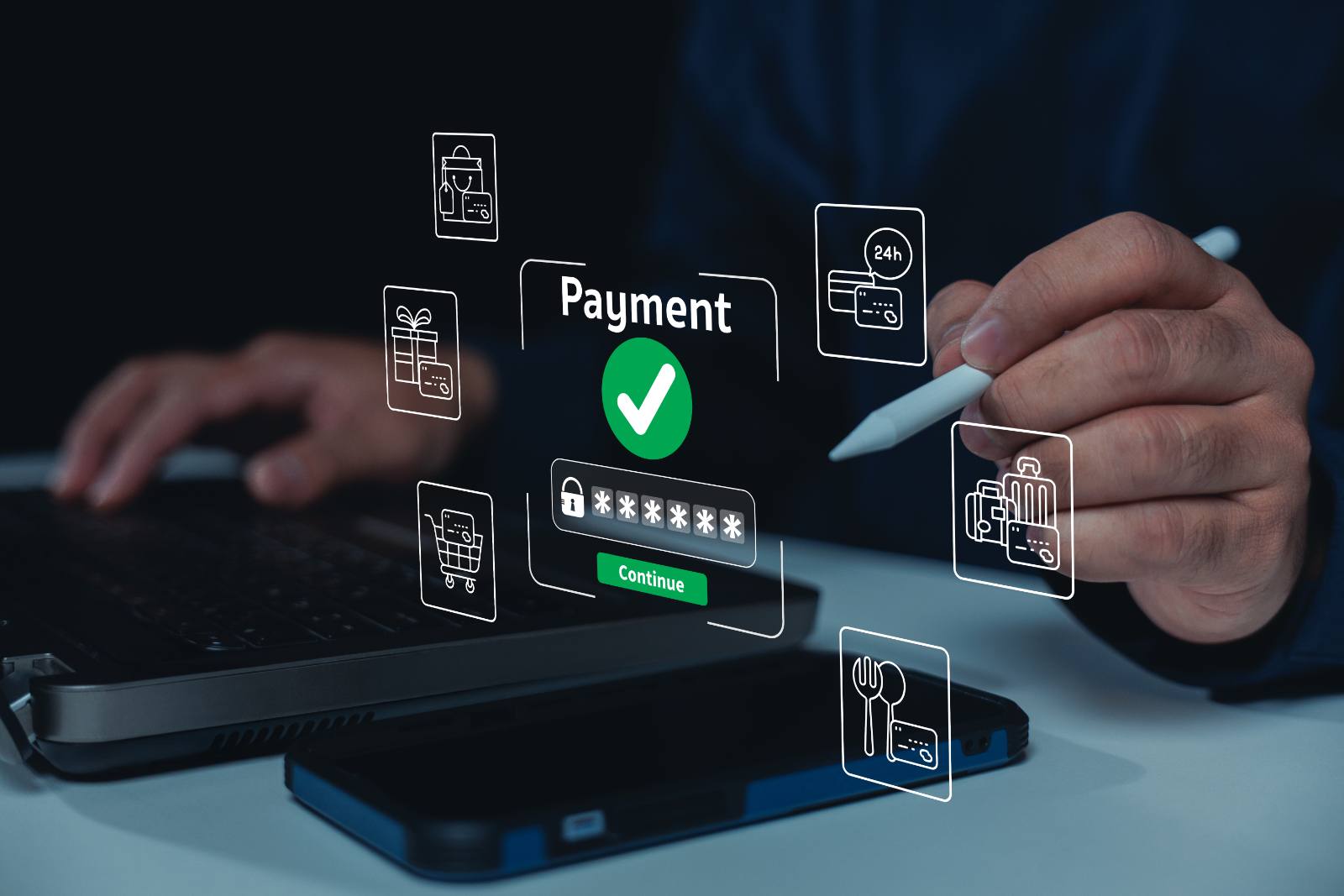 Person using stylus on smartphone displaying payment interface with security password and digital shopping icons