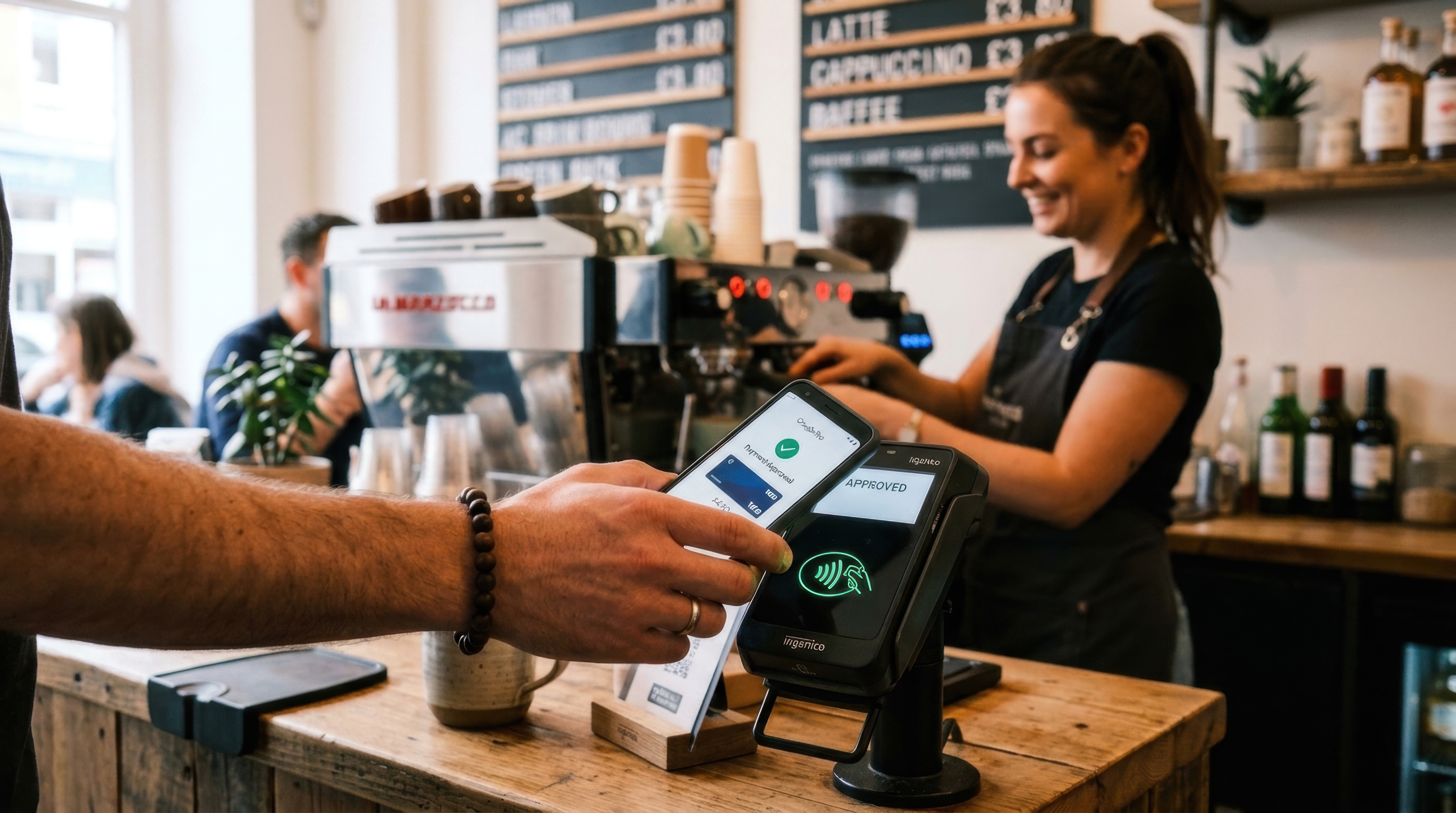 Customer making contactless payment at coffee shop counter with smiling barista