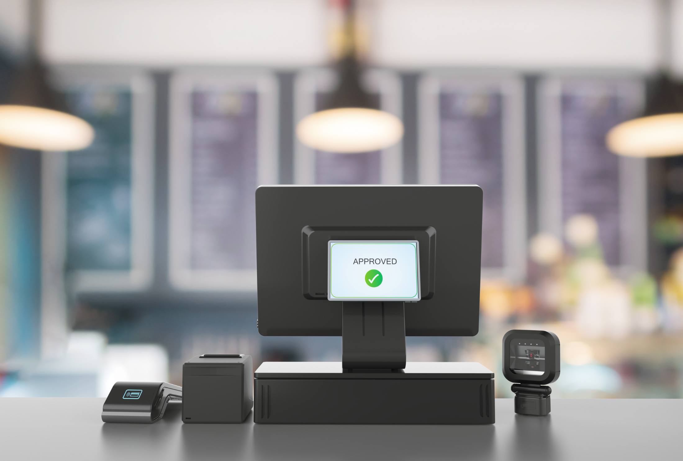 POS system display showing "APPROVED" with green checkmark in retail environment
