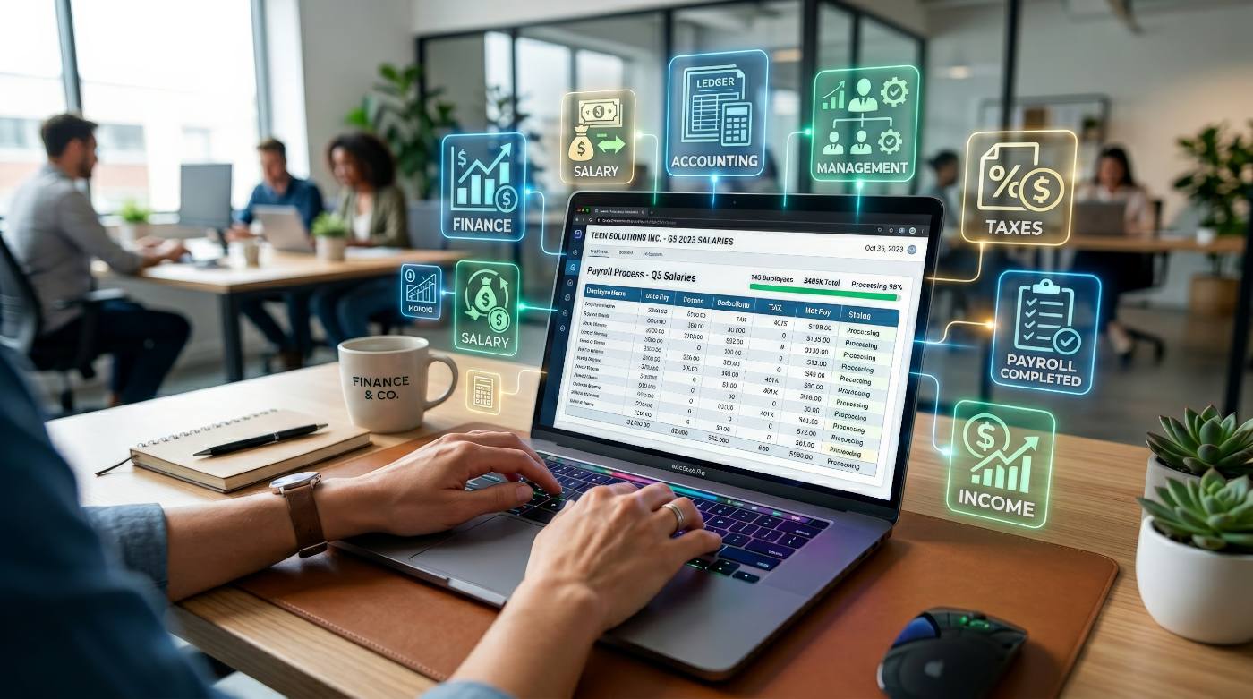 Finance professional reviewing payroll software with accounting icons displayed on laptop screen