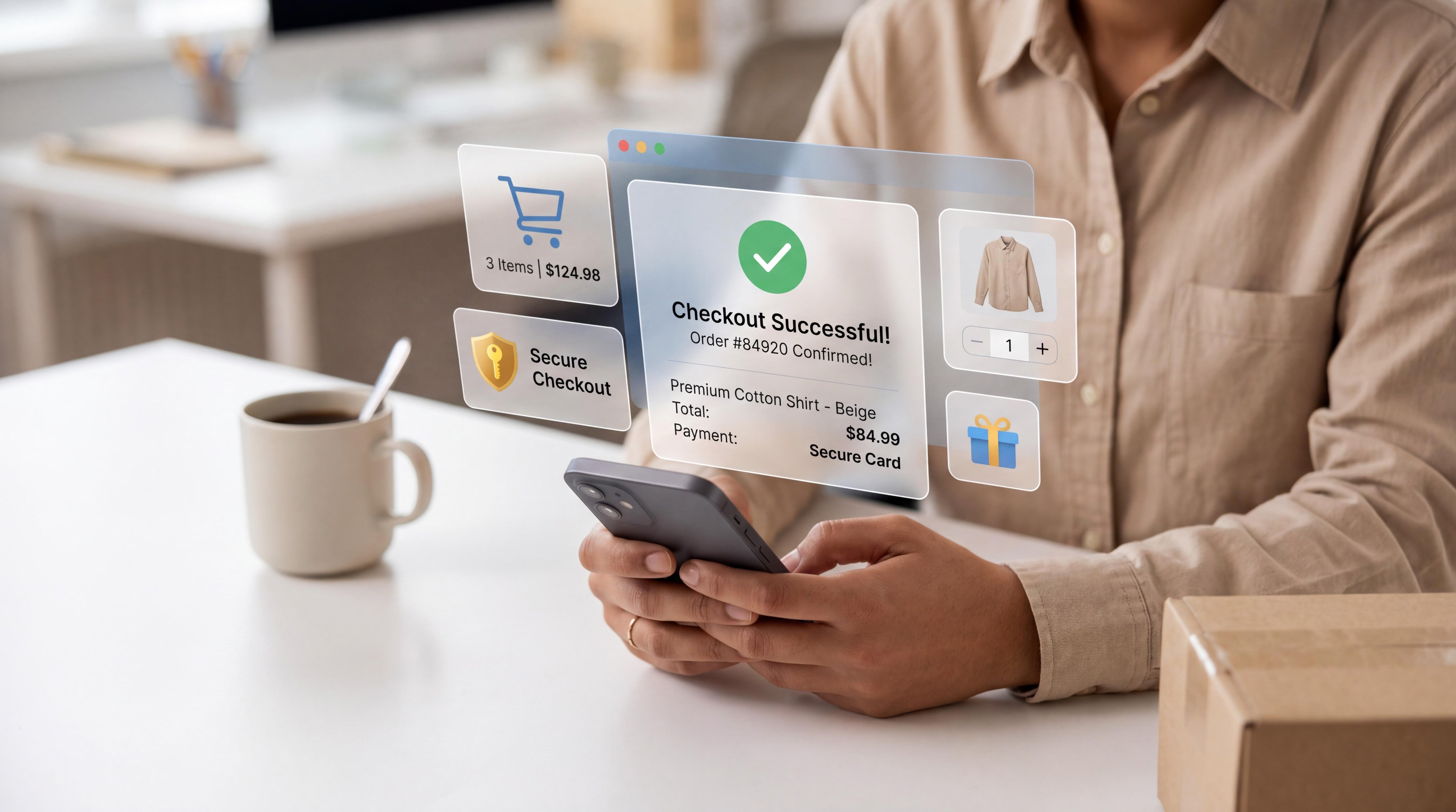 Person holding smartphone displaying successful online checkout confirmation with order details and product information