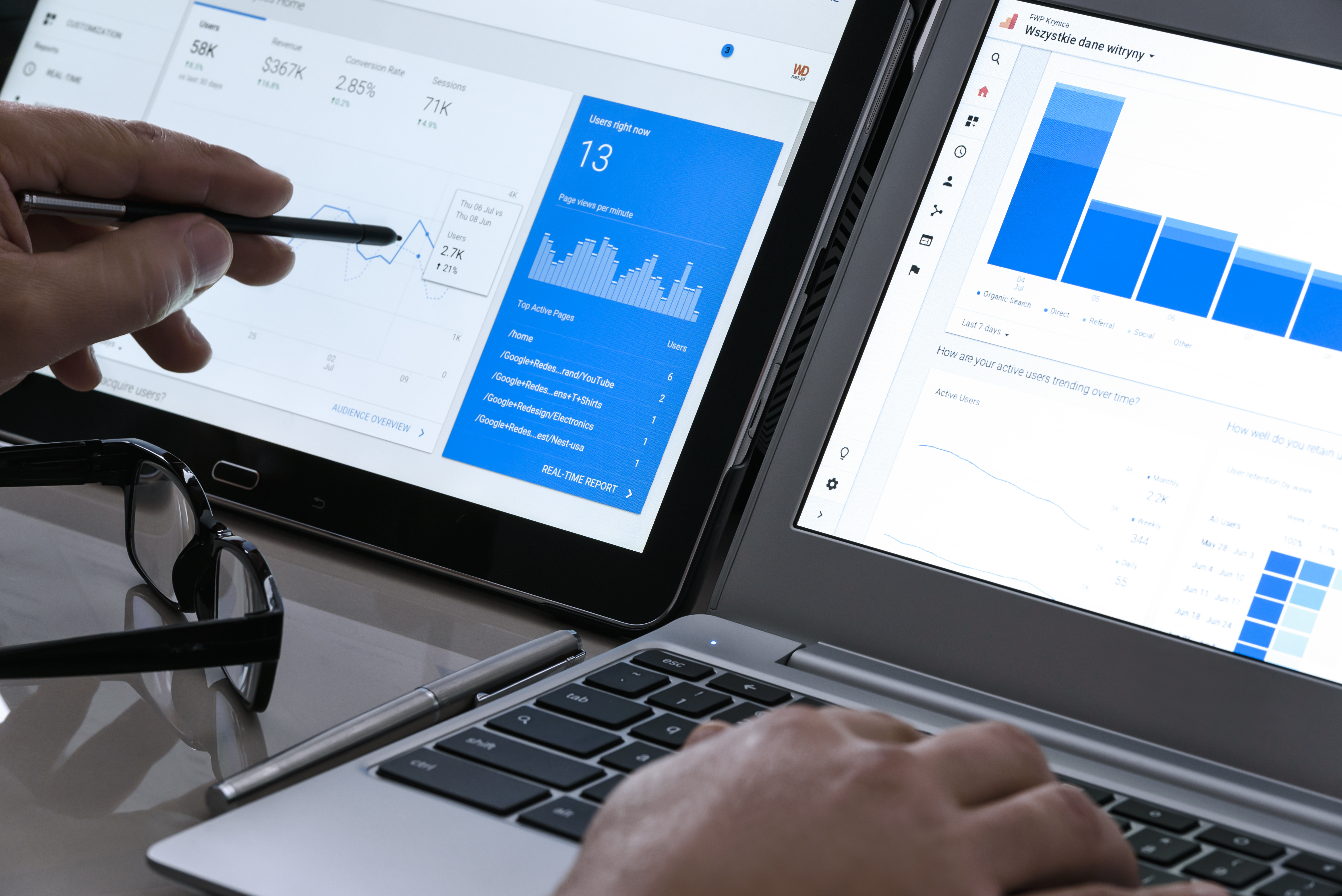 Person analyzing analytics dashboards on tablet and monitor displaying user engagement metrics and charts
