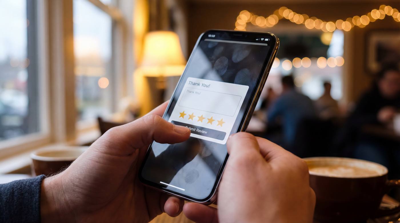 Person holding smartphone displaying 5-star review submission in a café setting
