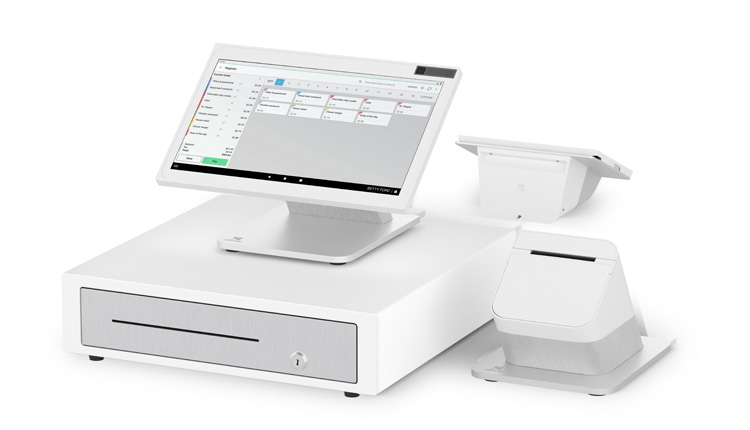 Modern white POS system with touchscreen monitor, cash drawer, receipt printer, and card reader