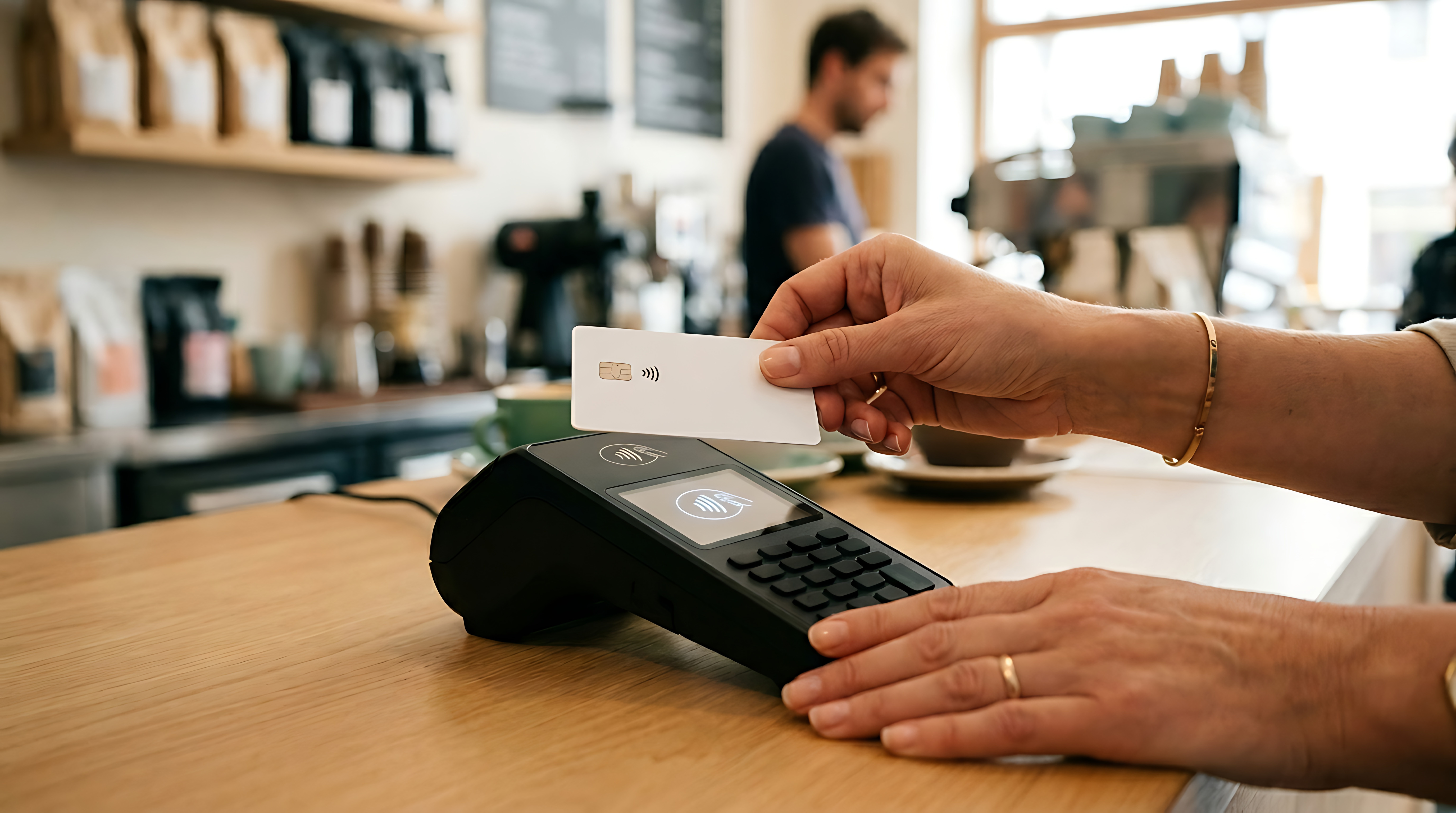 Customer using contactless payment with card at cafe counter