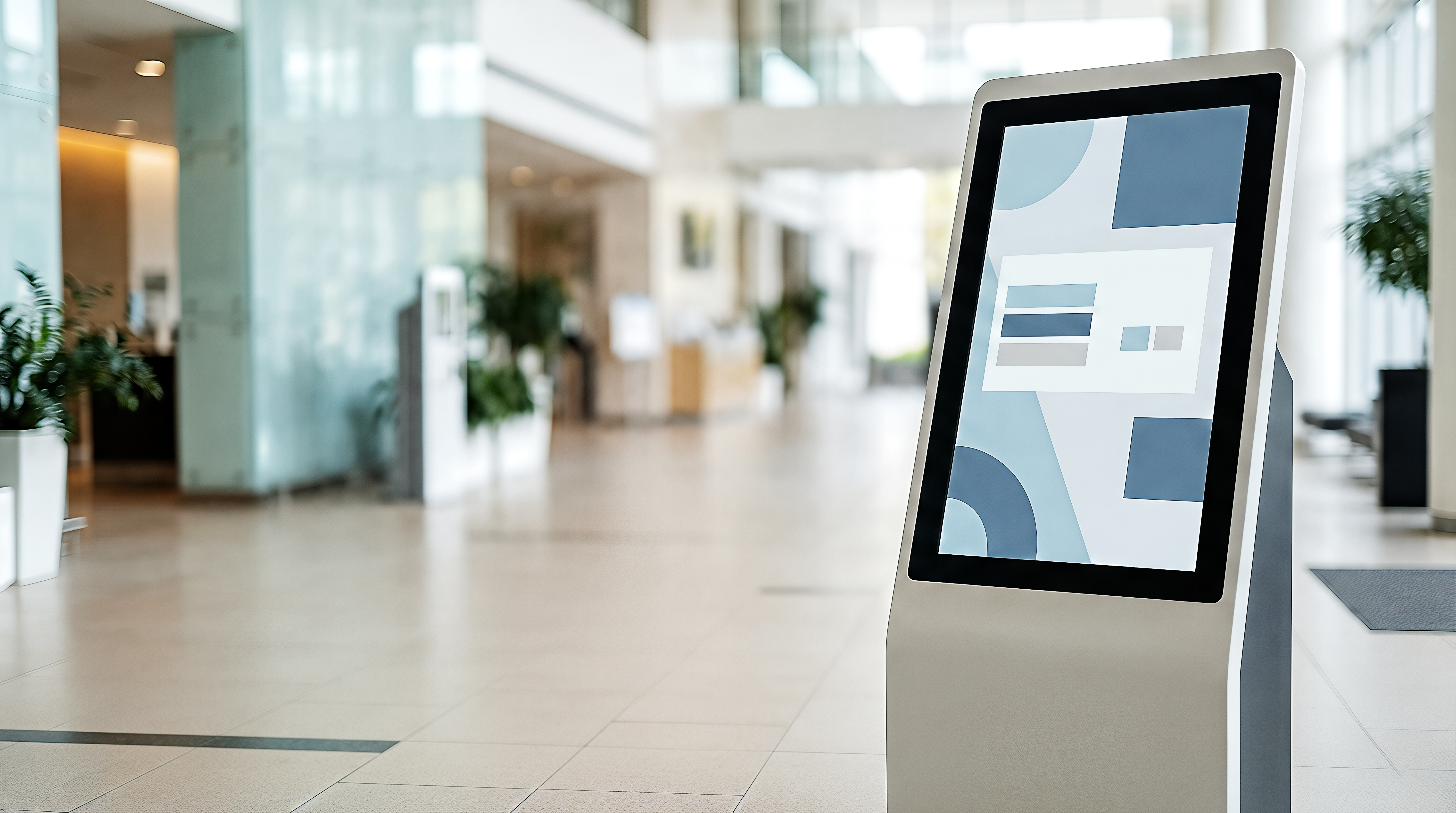 Digital kiosk display in modern office lobby with blurred background