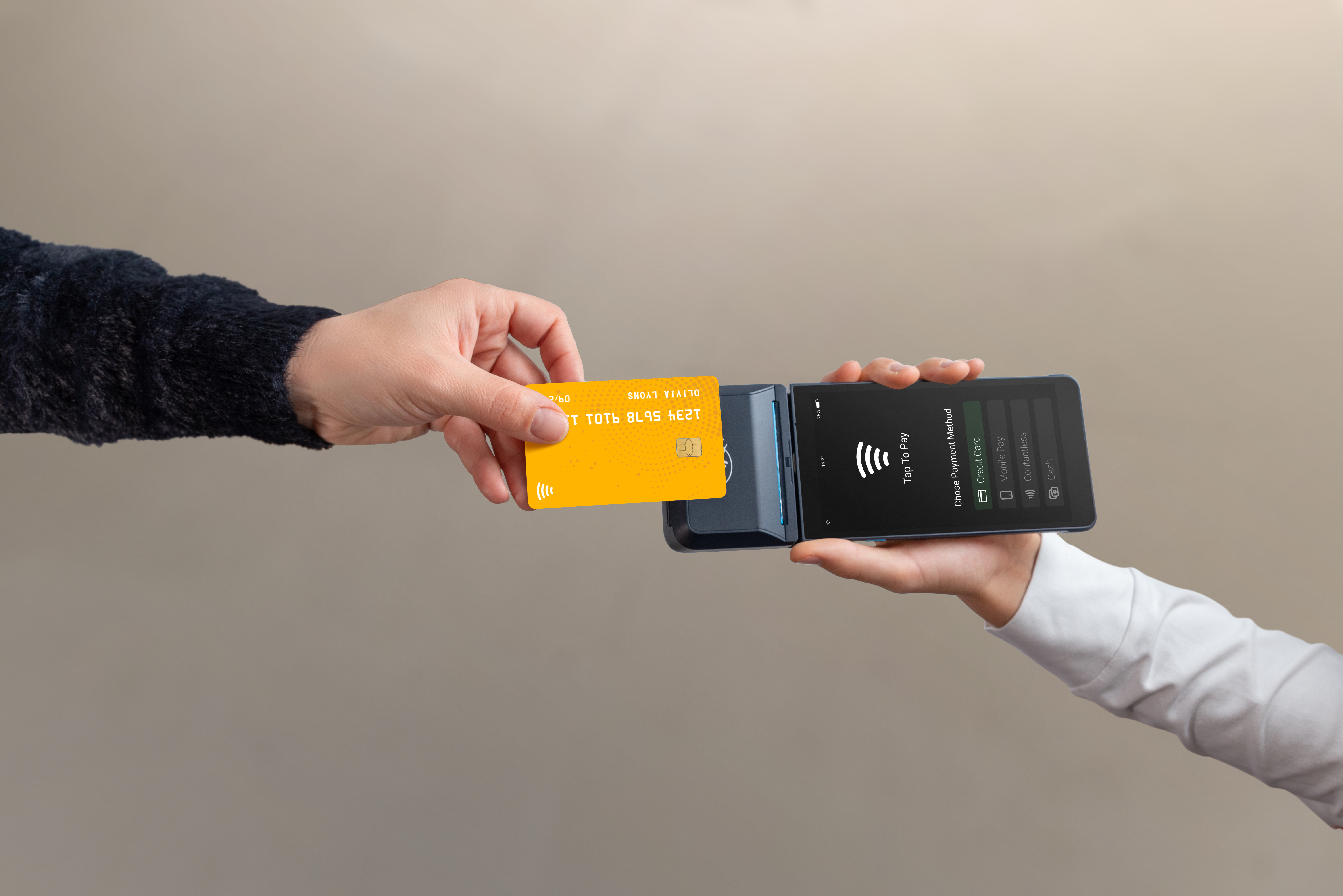 Customer tapping yellow contactless credit card on black payment terminal device