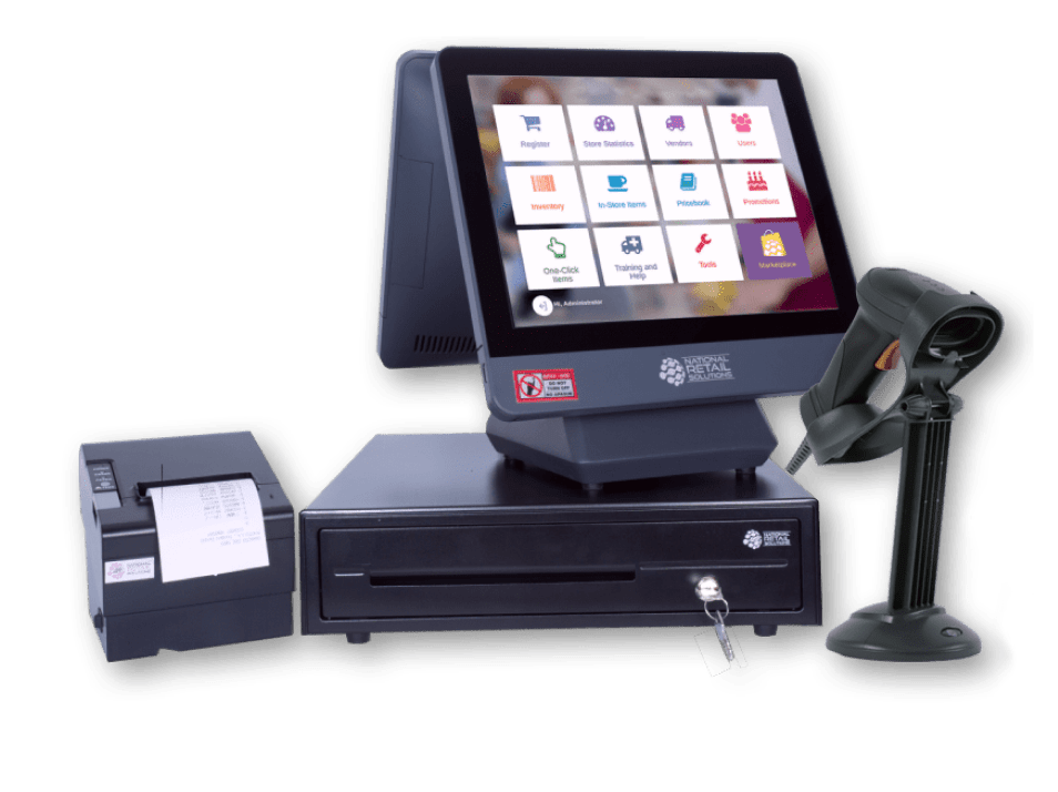 Complete point of sale system with touchscreen display, receipt printer, cash drawer, and barcode scanner