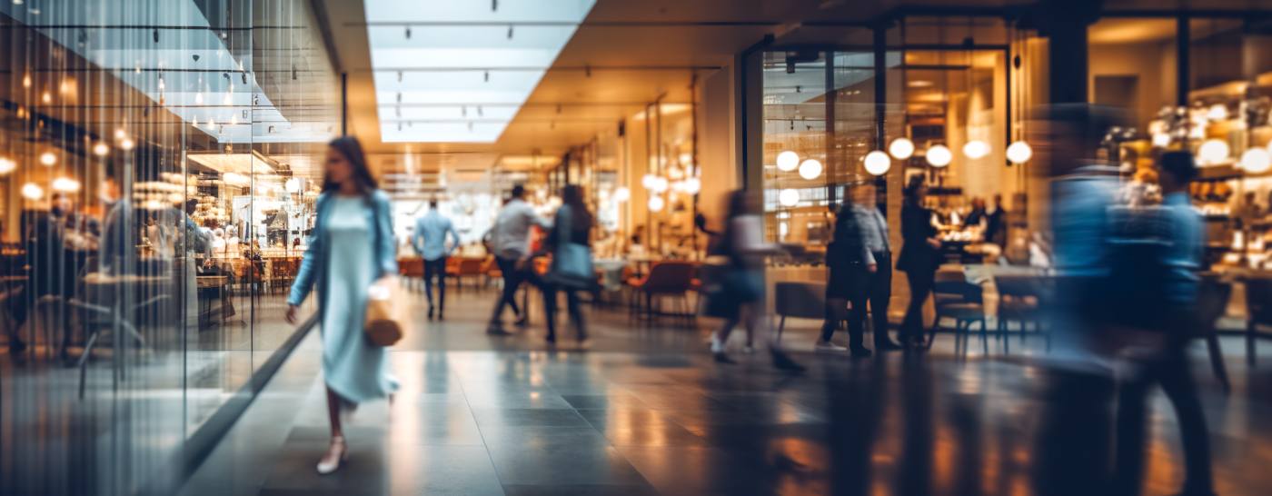 Blurred figures walking through a modern illuminated shopping mall or commercial center with warm lighting