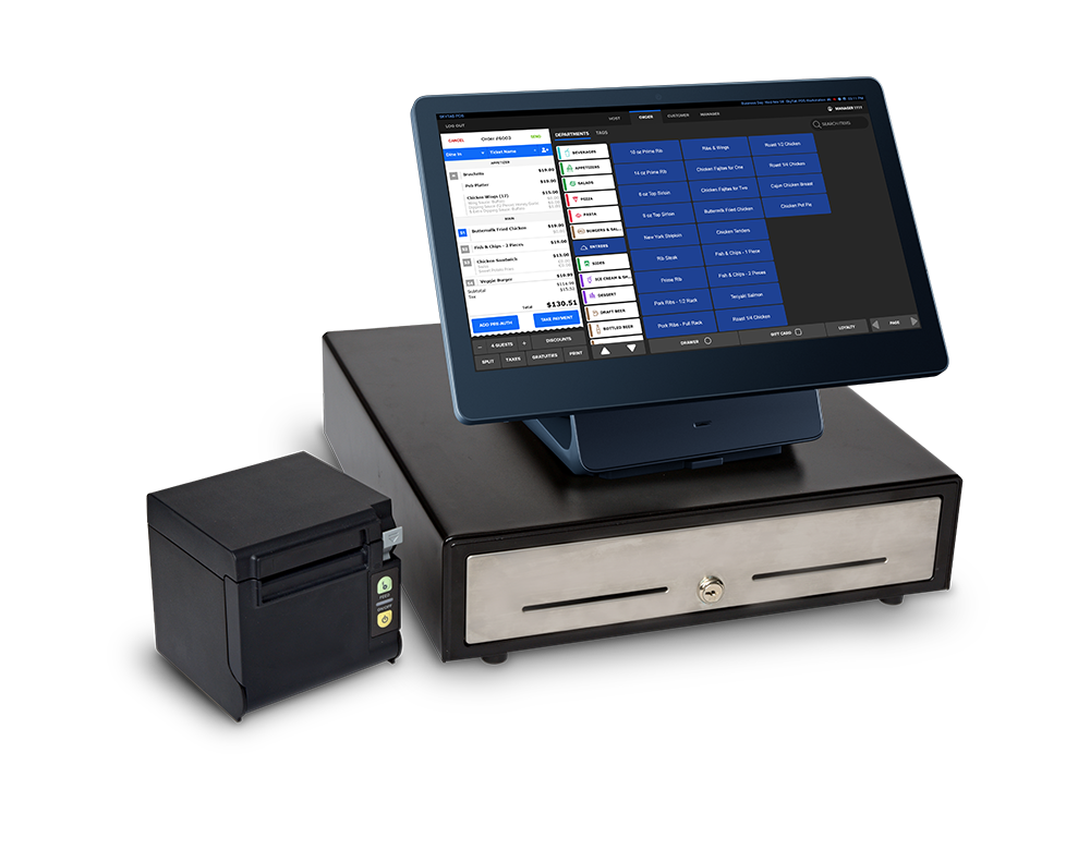 POS system with touchscreen display, receipt printer, and cash drawer on counter